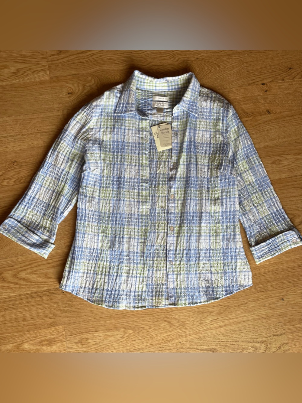 NWT Christopher & Banks Women’s Blue Green White Plaid Collared Button-Up L